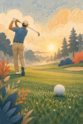 Morning Golf Swing on Dewy Green