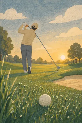 Morning Golf Swing on Dewy Green