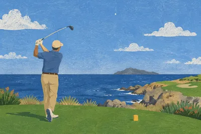 Coastal Golfer Swing Under Clear Blue Sky
