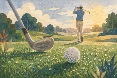 Morning Golf Swing on Dewy Green
