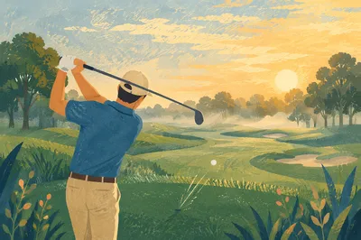 Golfer Mid Swing on Morning Green