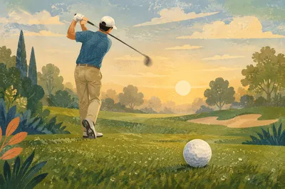 Sunrise Golf Swing on Dewy Green