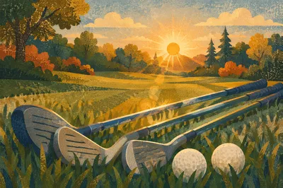Sunlit Golf Clubs and Balls on Fairway