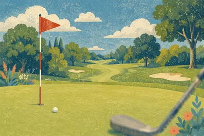 Calm Golf Green With Red Pin Flag
