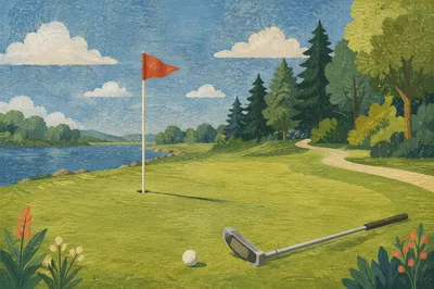 Peaceful Summer Golf Green with Red Flag