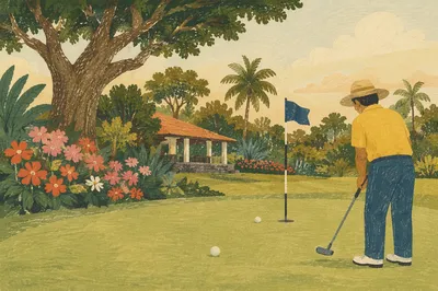 Quiet Golf Putting Green with Tropical Garden