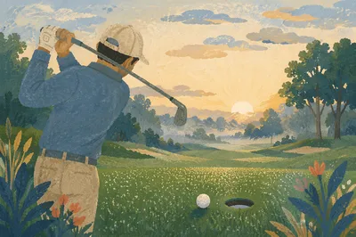 Morning Golf Swing on Dewy Green