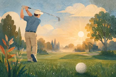 Morning Golf Swing on Dewy Green