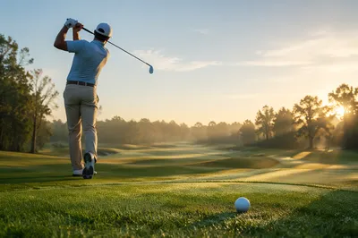 Early Morning Golfer Swing on Dewy Green