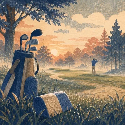 Misty Dawn Golf Fairway with Sunrise