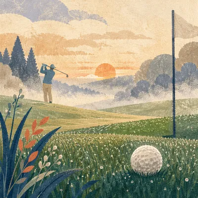Misty Sunrise Golf Fairway with Golfer