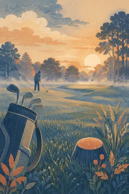 Misty Sunrise Golf Fairway With Clubs