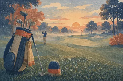 Misty Dawn Golf Fairway with Sunrise