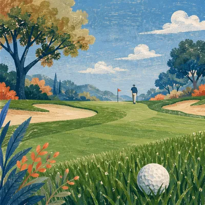 Sunny Golf Fairway with Ball and Flag