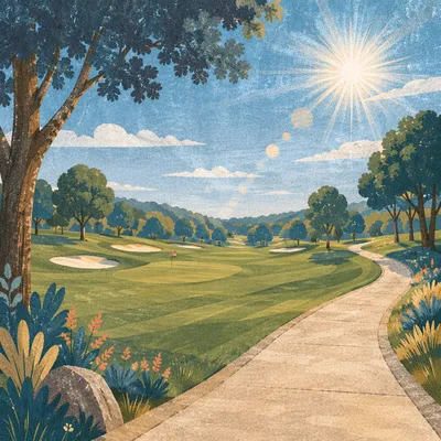 Sunny Golf Fairway with Curving Path