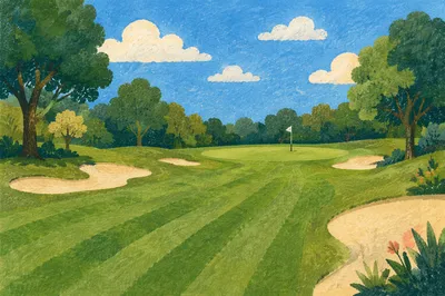 Sunny Golf Fairway and Distant Green