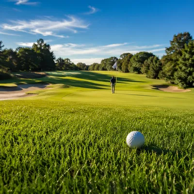 Sunny Golf Fairway with Ball and Flag