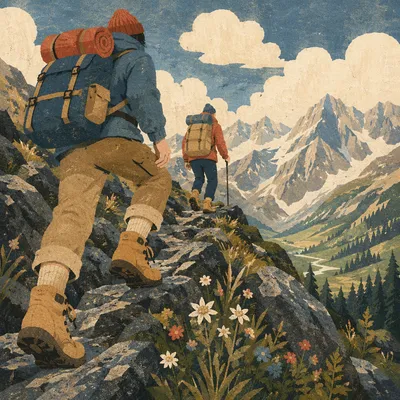Mountain Trail Hikers with Scenic Valley View