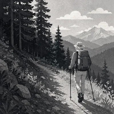 Lone Hiker on Mountain Forest Trail