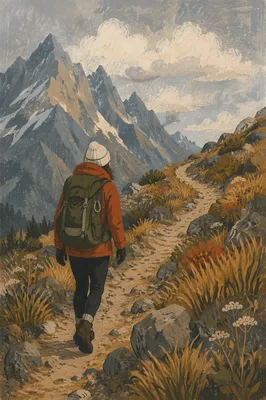 Lone Hiker on Mountain Trail