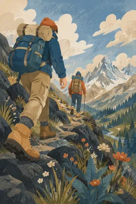 Hikers Ascending Rocky Mountain Trail