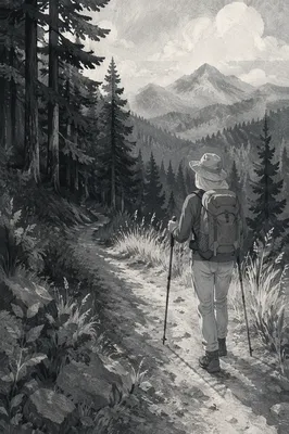 Lone Hiker on Mountain Forest Trail