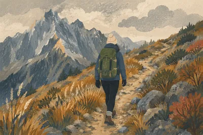 Lone Hiker on Mountain Trail