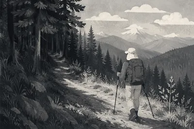 Lone Hiker on Mountain Forest Trail