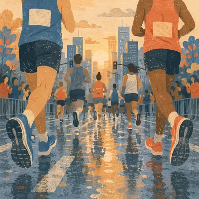 Marathon Pack Running Through Rainy City