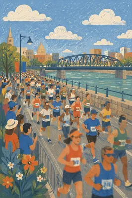 Colorful City Marathon Along Riverside Street