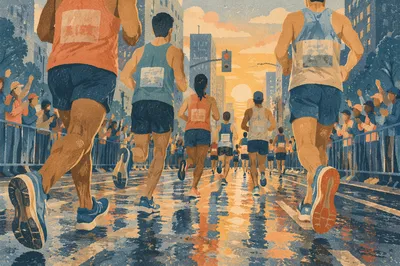Marathon Runners Racing Through Rainy City Street