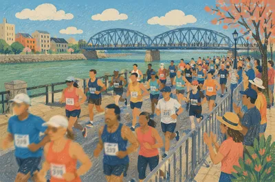 City Marathon Runners by Riverside Bridge