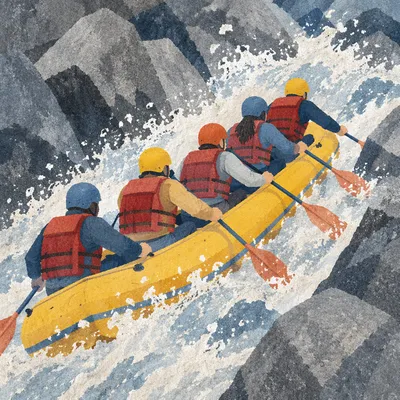 Yellow Raft Charging Through White Water