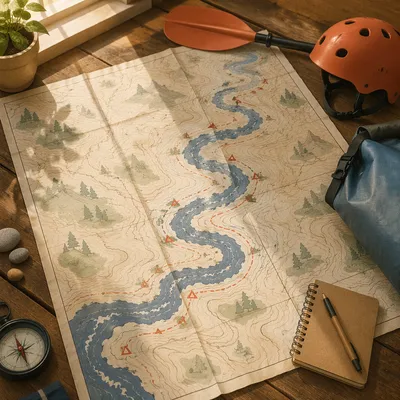 River Rapids Kayaking Route Map Flat Lay