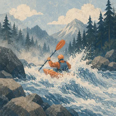 Kayaker Charging Through Mountain River Rapids