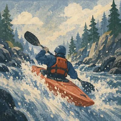 Lone Kayaker Charging Through River Rapids