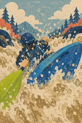 Whitewater Kayaker Charging Through River Rapids
