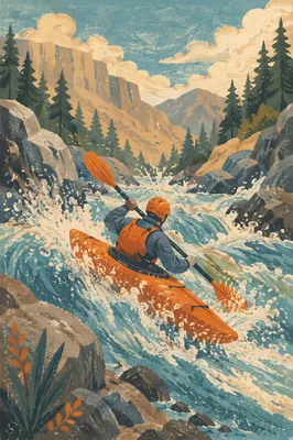Solo Kayaker Charging Through River Rapids