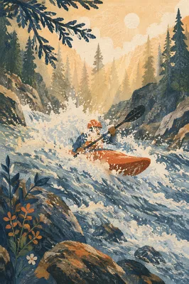 Kayaker Charging Through Forest River Rapids