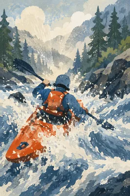 Lone Kayaker Charging Through River Rapids