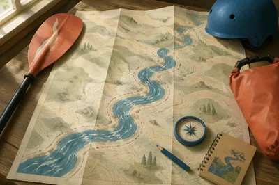 River Rapids Kayaking Route Planning Flat Lay