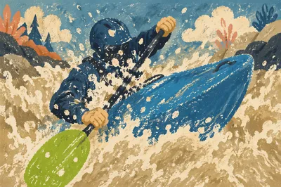 Whitewater Kayaker Charging Through River Rapids