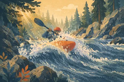 Kayaker Charging Through Forest River Rapids