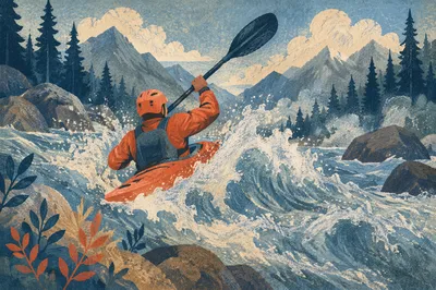 Lone Kayaker Charging Mountain River Rapids