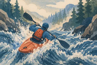 Lone Kayaker Charging Through River Rapids