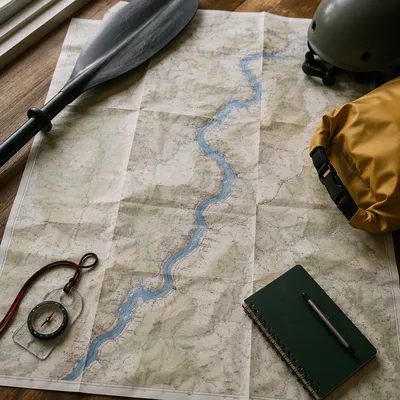 River Rapids Kayaking Route Planning Flat Lay