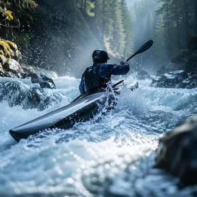 Lone Kayaker Racing Through River Rapids