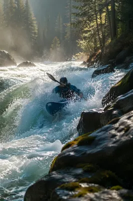 Kayaker Charging Through Forest River Rapids