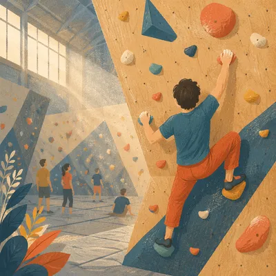 Indoor Climber on Colorful Bouldering Wall