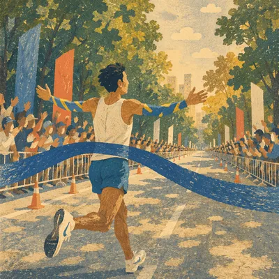 Marathon Runner Breaking Blue Finish Ribbon